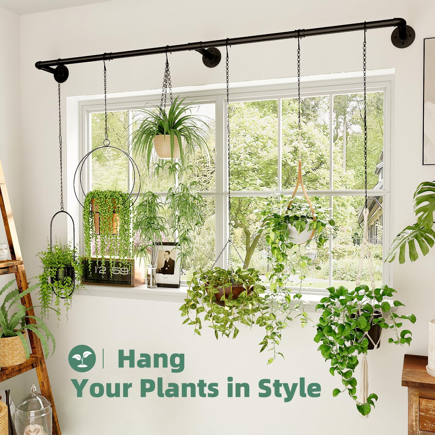 Galood Plant Hanger Indoor with 6 Hanging Chains Hanging Planters for Indoor Plants Hanging Plant Holder Window Plant Rod Black Metal Shelves(70.8 Inch Pot not Included