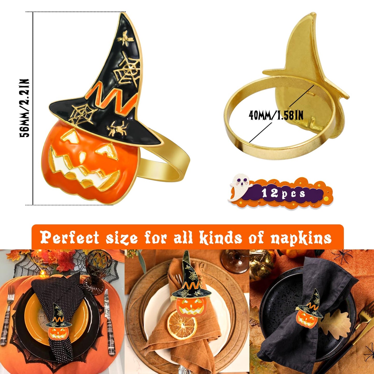 Legigo Set of 6 Halloween Napkin Rings for Dinning Table Settings- Horror Scary Orange Pumpkin Black Witch Hat Napkin Holder Ring for Holiday Party Kitchen Dinner Table Decarations
