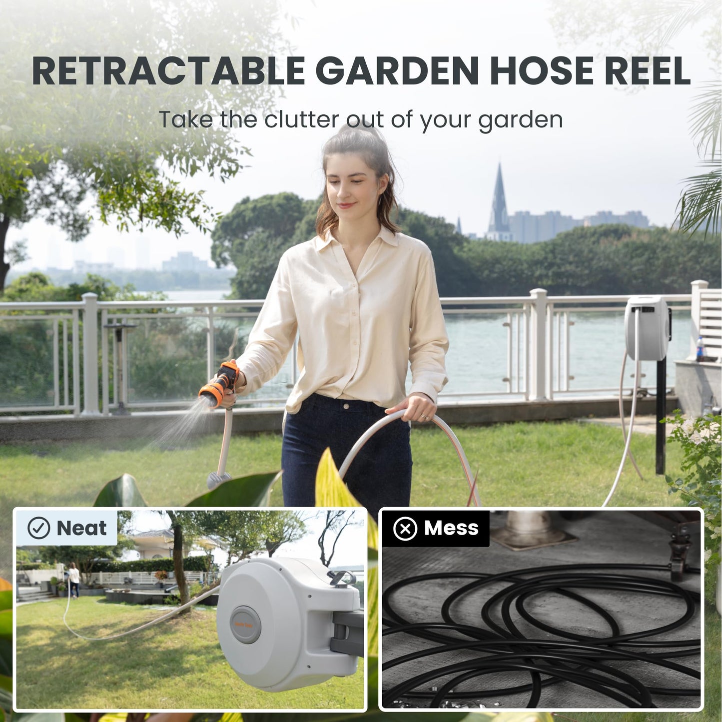 Giraffe Tools CW20 Retractable Garden Hose Reel 5/8" x 60 ft Heavy Duty Water Hose Reel, Swivel Bracket, Any Length Lock, Light Grey