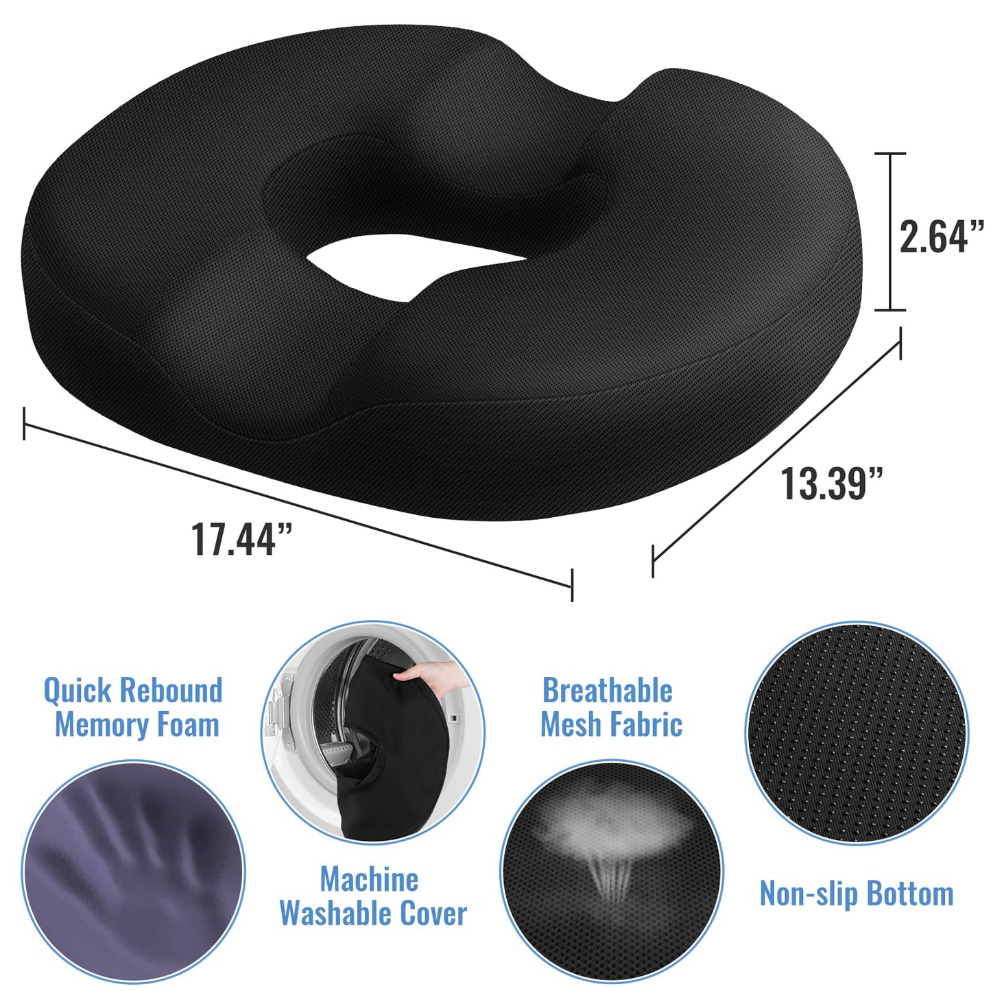 Donut Pillow Seat Cushion Chair Pad for Tailbone Pain Relief and Hemorrhoids, Memory Foam Seat Chair Cushion for Postpartum Pregnancy, Seat Cushions for Men and Women for Home & Office, (Black)