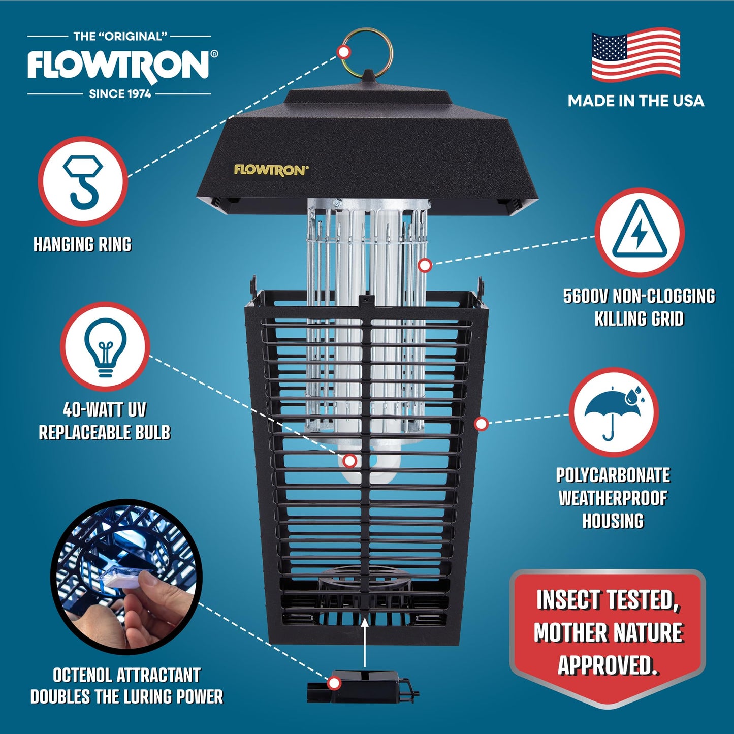 Flowtron Bug Zapper, 1 Acre of Outdoor Coverage with Powerful 40W Bulb & 5600V Instant Killing Grid, Electric Insect, Fly & Mosquito Zapper, Made in The USA