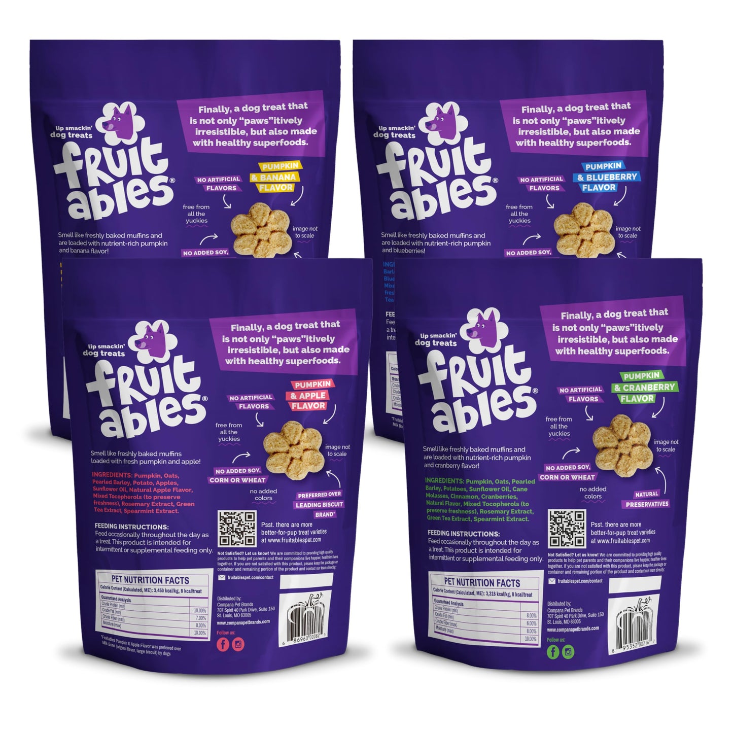 Fruitables Baked Dog Treats - Pumpkin Treats for Dogs - Healthy Low Calorie - Free of Wheat, Corn and Soy - 7 oz (Variety Pack of 4)