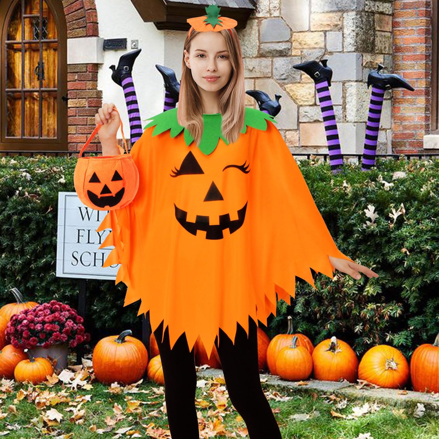 KOFECIT 3 PCS Halloween Pumpkin Poncho for Women,Pumpkin Cape Costume with Headband and Candy Bag,Halloween Costume for Women Adults