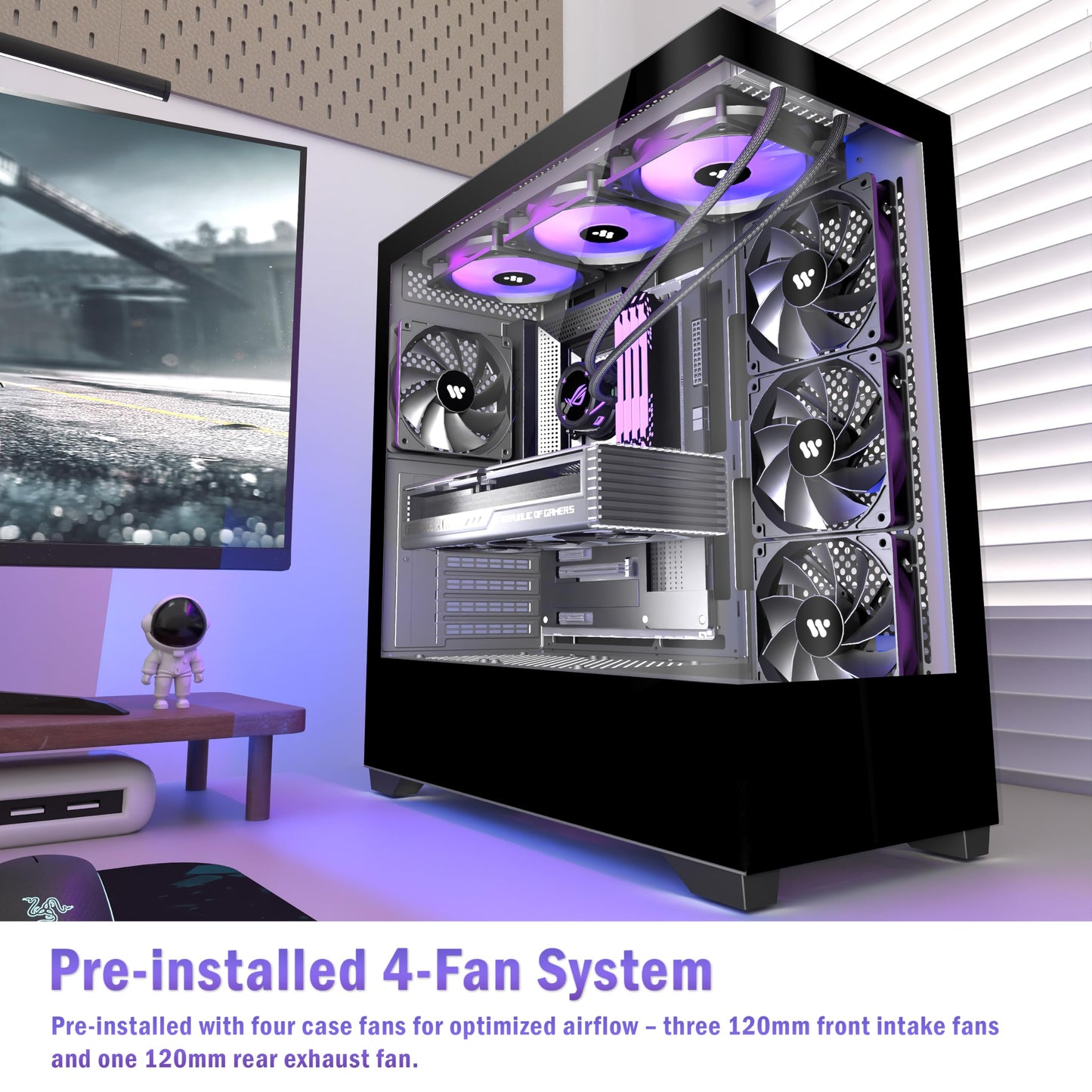 KEDIERS PC CASE ATX 4 Fans Pre-Installed, Type-C Mid Tower Computer Case with Full-View Dual Tempered Glass, Gaming PC Case,Black,P4