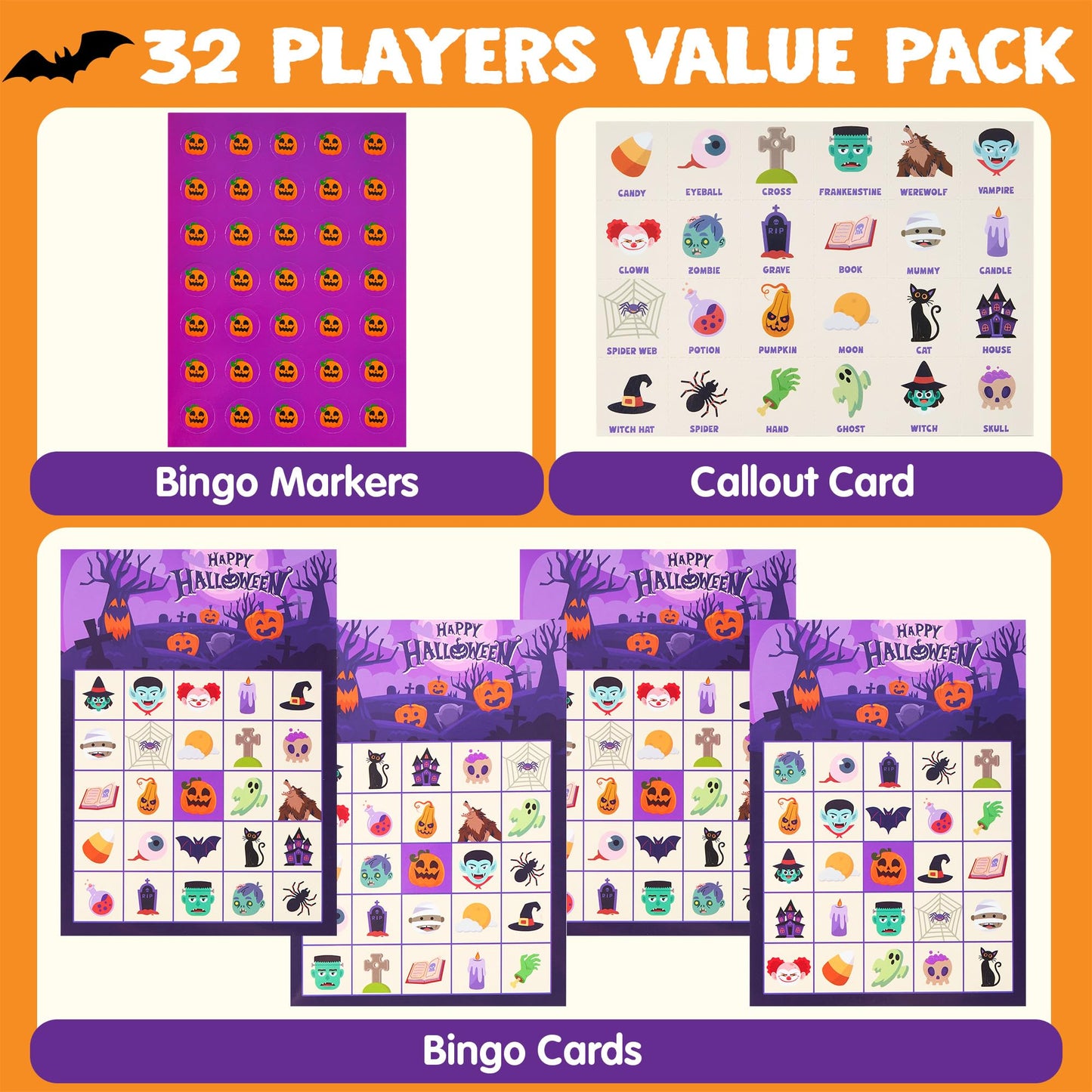 JOYIN 32 Players Halloween Bingo Card Game, Kids Bingo Cards Set for Halloween Party Games, Large Group Family Activities, School Classroom Party Supplies