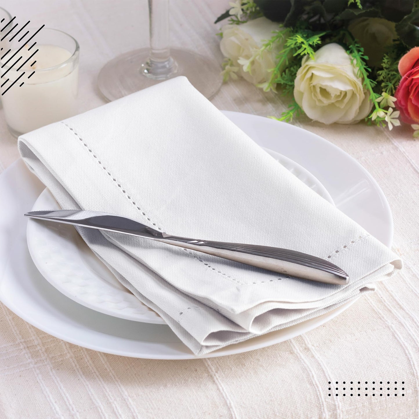 Encasa XO White Cloth Napkins Set of 4, 17"x17" | Cotton Hemstitched Design Dinner Napkins | Washable & Reusable Table Napkins for Holiday Dinners, Party, Wedding & Everyday Dining