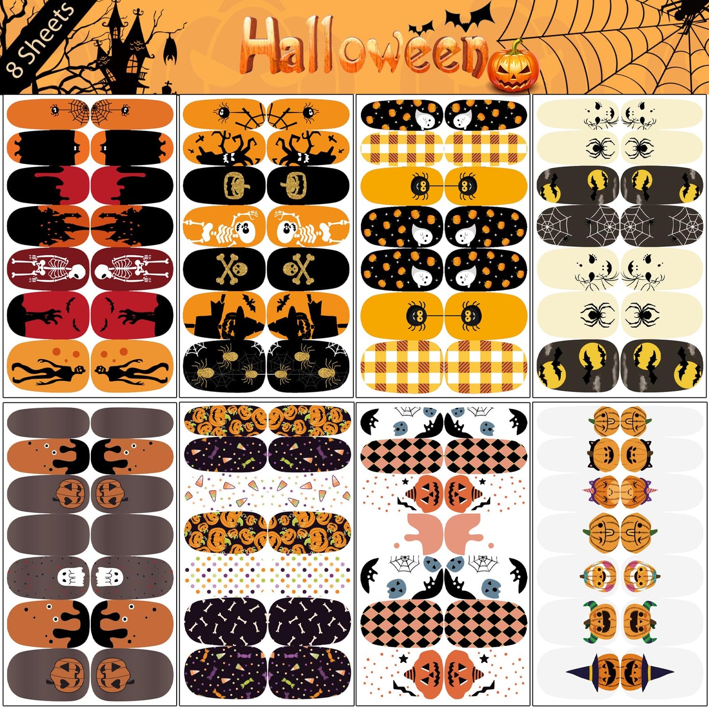 16 Sheets Holiday Nail Wraps Stickers, Halloween & Christmas All Seasonal Full Nail Polish Strips, DIY Self-Adhesive Fall Winter Nail Art Decals with 2 Piece Nail Files for Party Decor (224 Pieces)