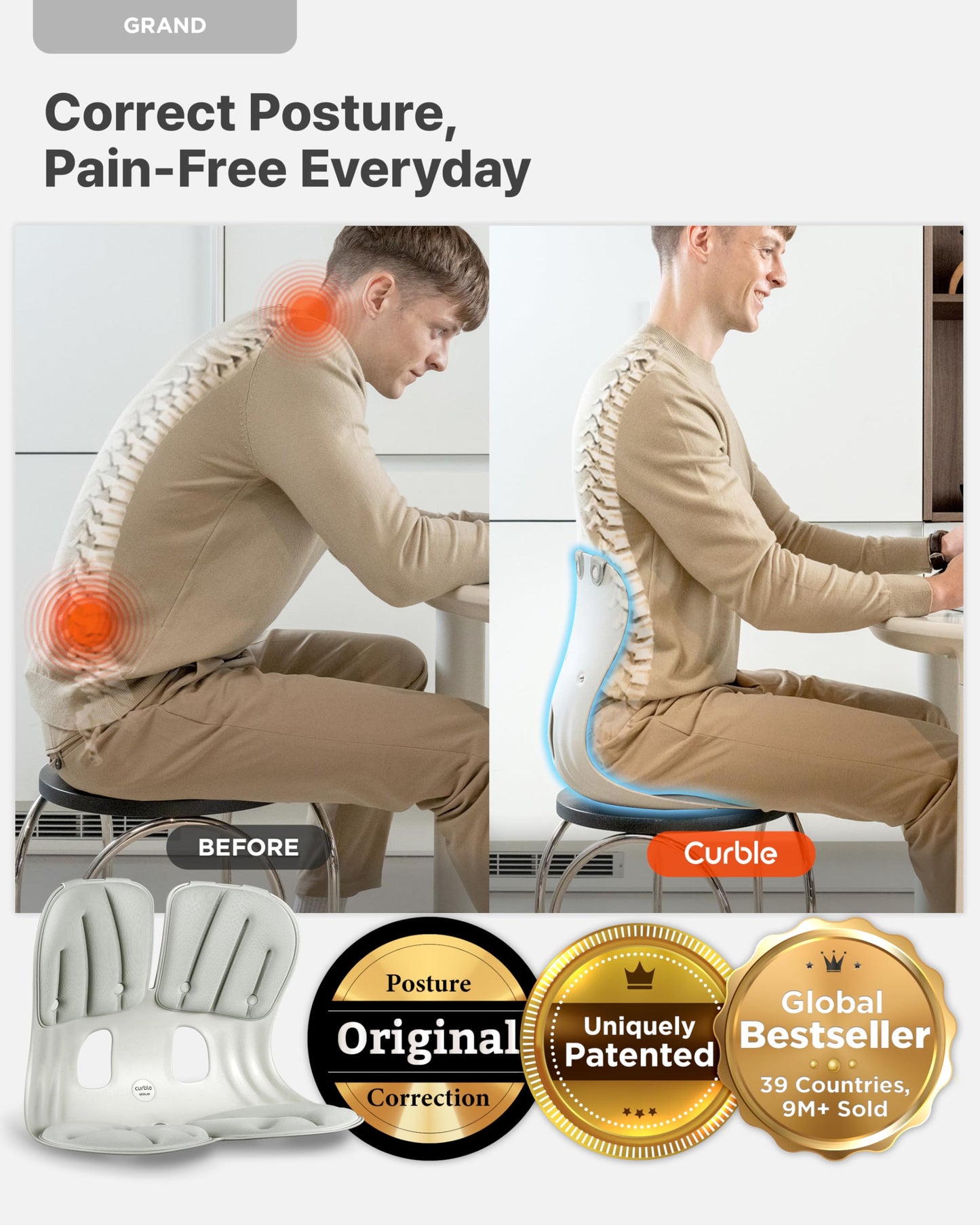 curble Grand(Extra Wide & Sturdy) – Ergonomic Back and Lumbar Support for Good Posture Correction and Back Pain Relief, Perfect for Office, Floor Seat and Work from Home, Patented (Grey)