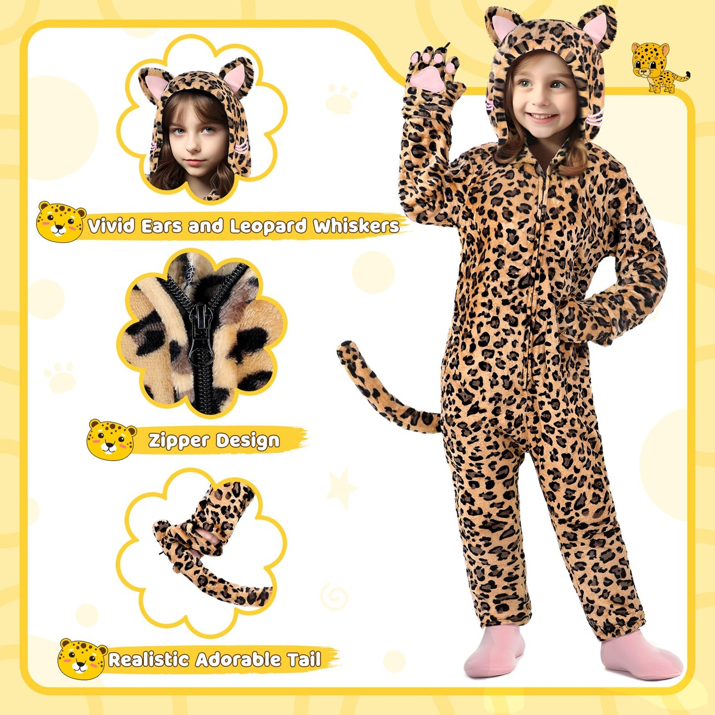 GIFTINBOX Leopard Costume Kids, Zip-Up Hooded Onesie Girls, Cat Costume for Girls Dress Up, Halloween Animal Costumes for Kids 5 6 7 8 9 10 11
