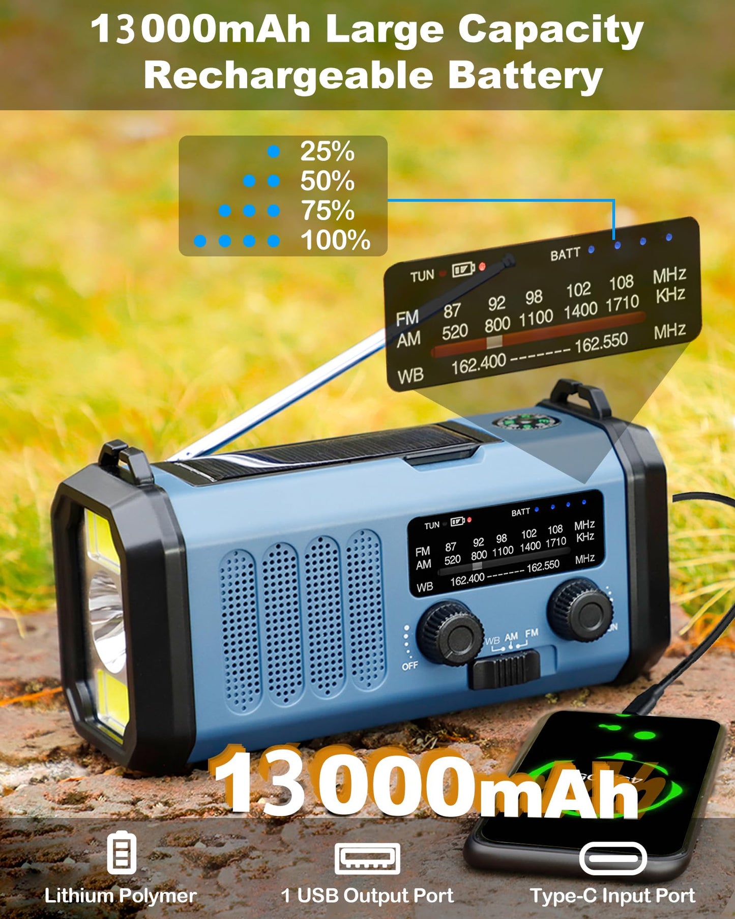 13000mAh Emergency Radio with NOAA Weather Alert, Portable Solar Hand Crank AM/FM Radio for Survival, Rechargeable Battery Powered, USB Charger, Flashlight, Reading Lamp, for Home Outdoor