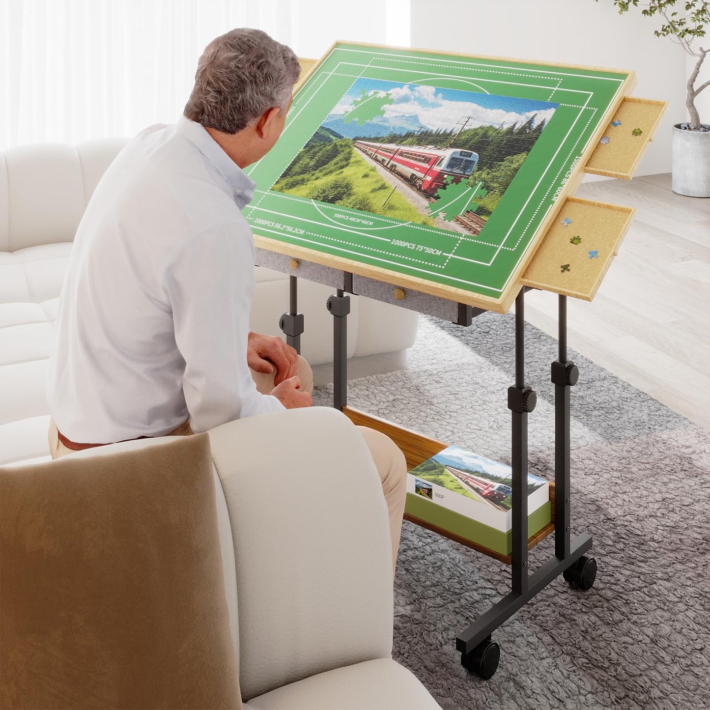CODACE 1500 Piece Jigsaw Puzzle Table with Legs, Adjustable 5-Tilting-Angle Puzzle Board with 6 Drawers & Cover, 35"x 26" Wooden Board with 4 Wheels for Adults