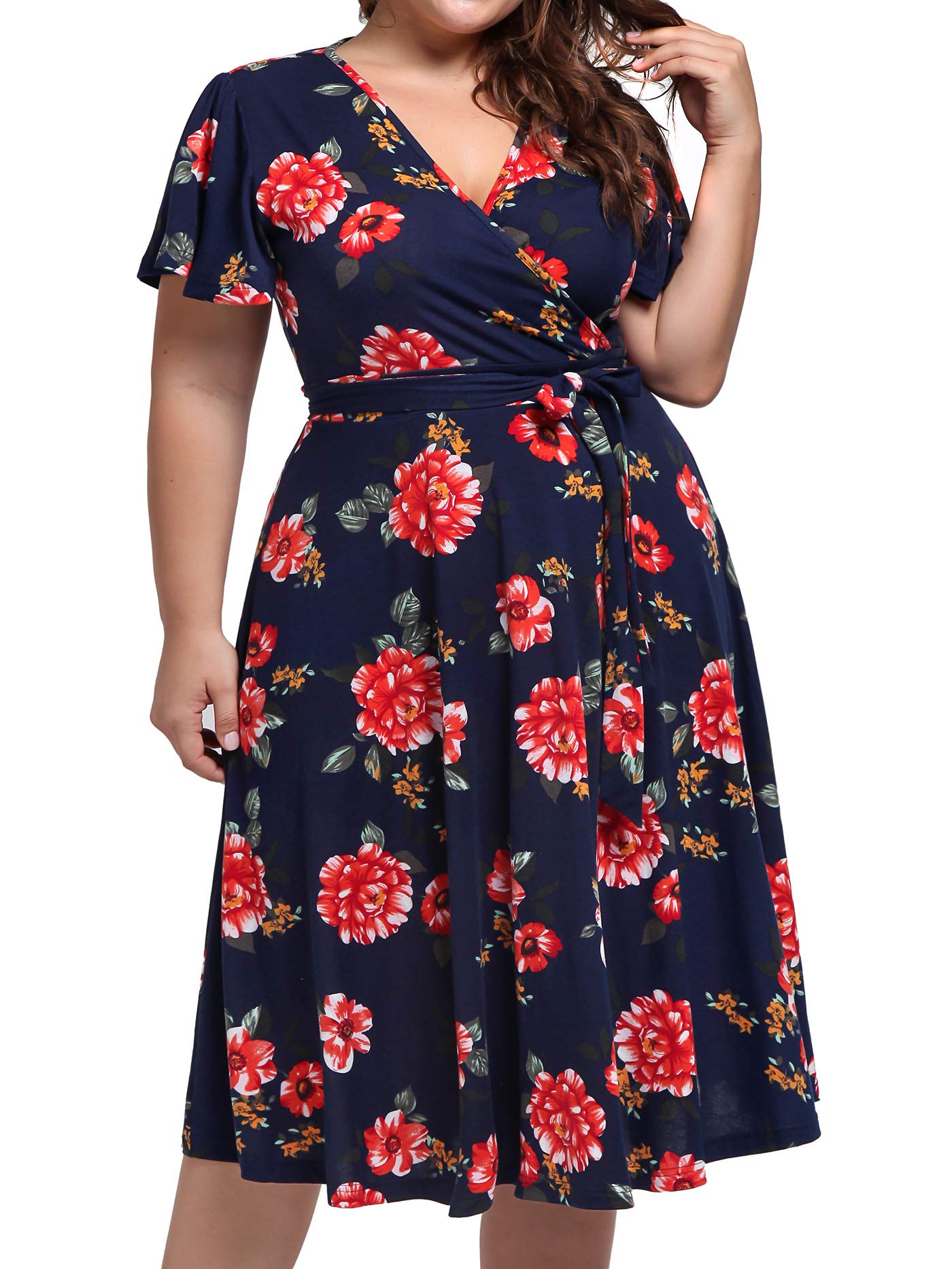 kissmay Plus Size Cocktail Dresses, Plus Size Fit and Flare Dresses for Women Slim Fitting Elasticity Clothing Ruched Flows Sweet Dress for Casual Short-Sleeve 1950s Lavender Dress Navy Red 20W