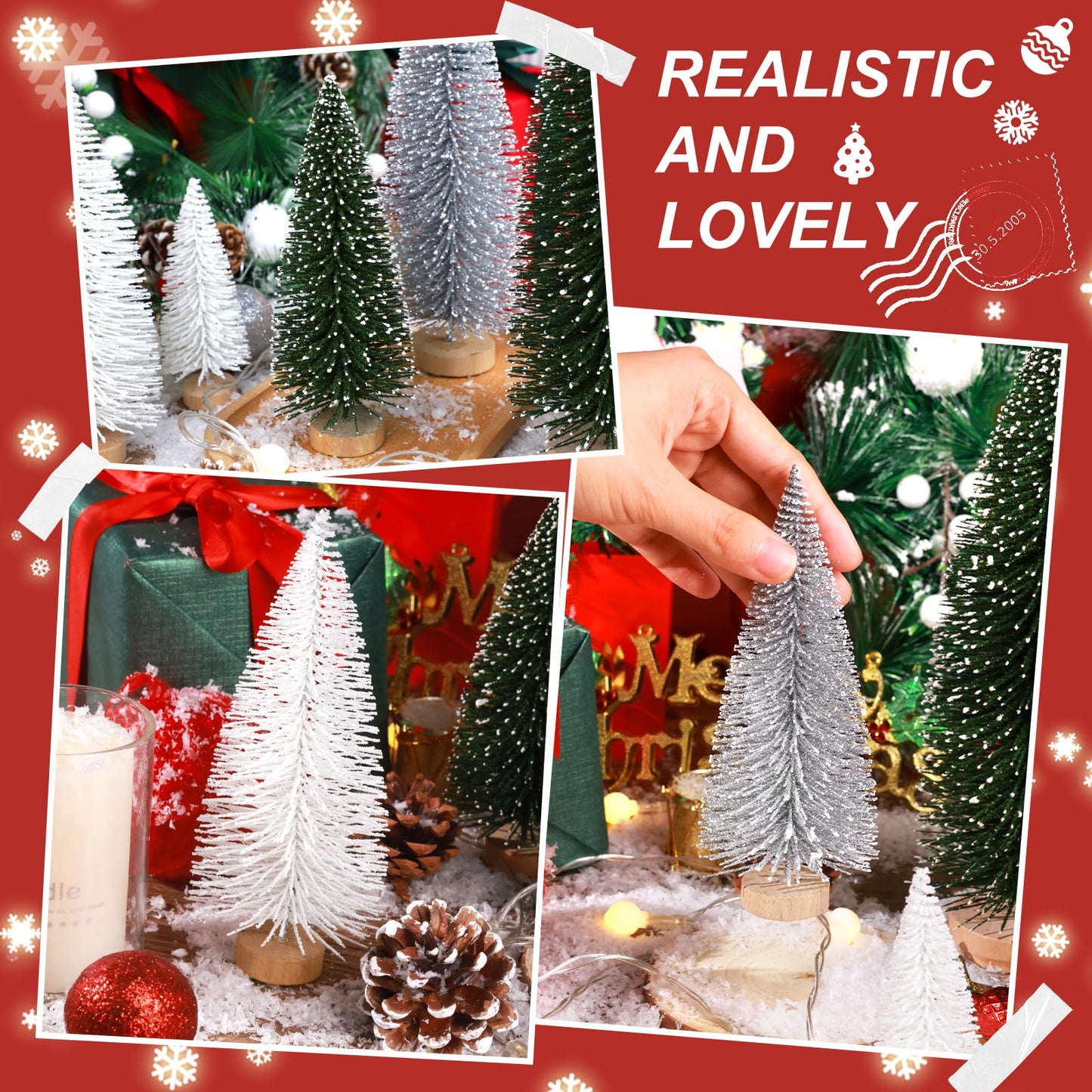 6pcs Mini Christmas Trees Decorations Small Bottle Brush Trees,Artificial Tabletop Christmas Tree for Indoor Outdoor Home Room Party Gift (Green, Silver, White)