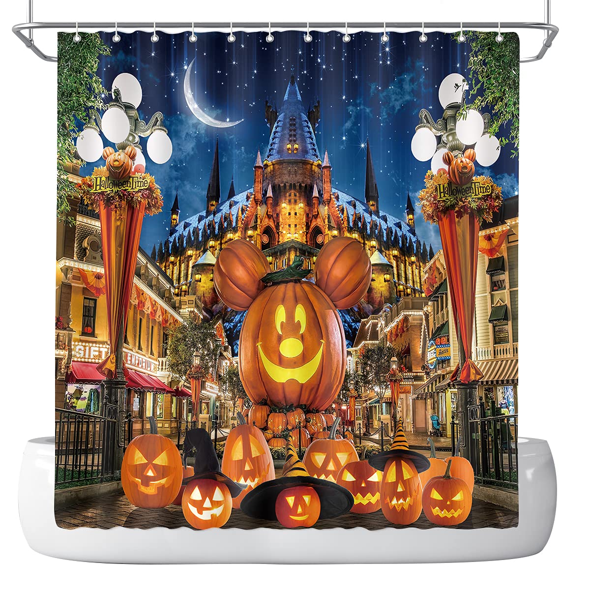 DePhoto Halloween Shower Curtain for Bathroom Kids Cartoon Pumpkin Wizard hat Moon Castle Star Street lamp Poliester Fabric Decoration Water Proof with 12Hooks 72x72inch