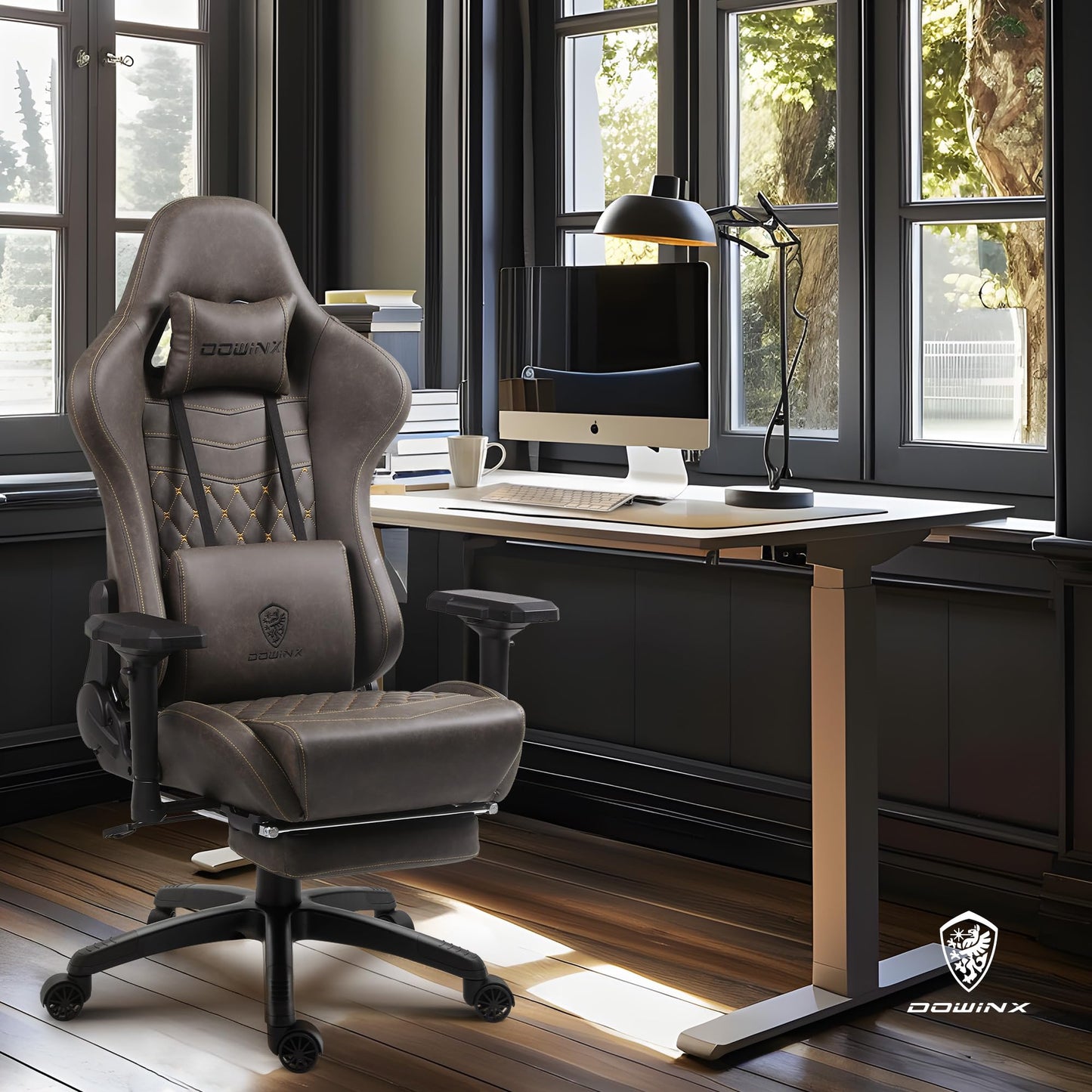 Dowinx Gaming Chair Big and Tall, Ergonomic Computer Chair with 4D Armrests and Footrest Massage Lumbar Support, High Back Comfortable Gamer Chair for Adults 350Lbs PU Leather for Office Game, Brown