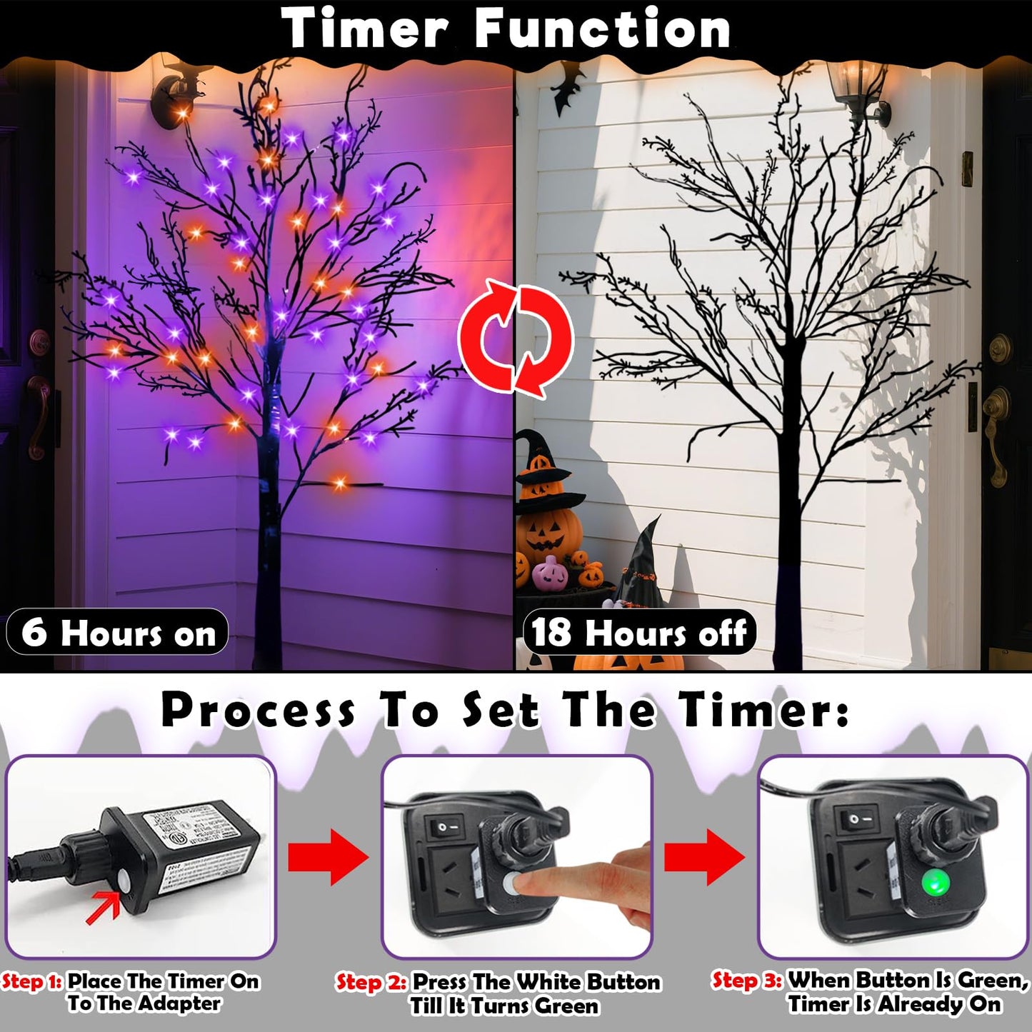 2 Pack & Timer - 4 Ft Lighted Black Halloween Tree with 48 LED Orange & Purple Lights, Spooky Artificial Black Trees for Halloween Decorations Outdoor Indoor Home Yard Party Decor