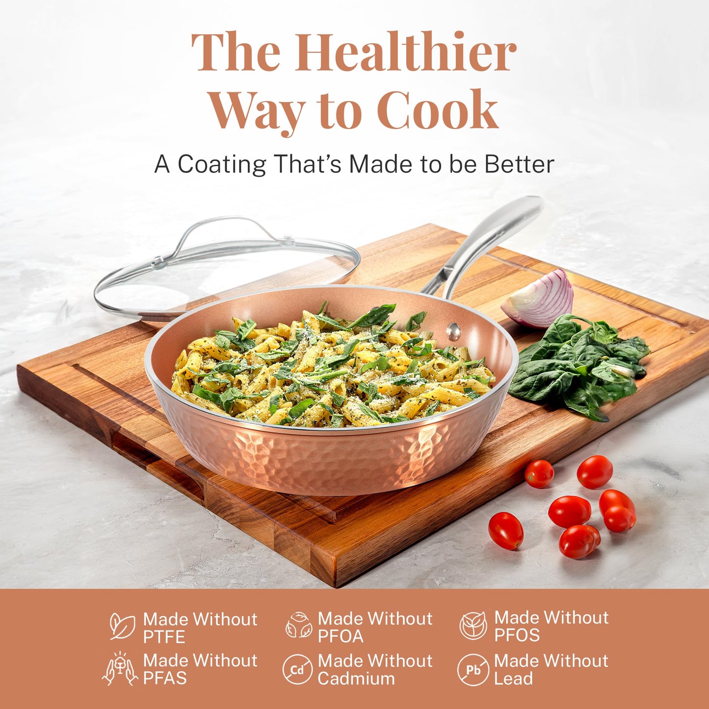 GOTHAM STEEL Hammered Copper 12 Inch Non Stick Frying Pans with Lid, Frying Pans Nonstick with Lid, Non Toxic Ceramic Pan for Cooking, Nonstick Frying Pan, Induction Pan, Oven and Dishwasher Safe