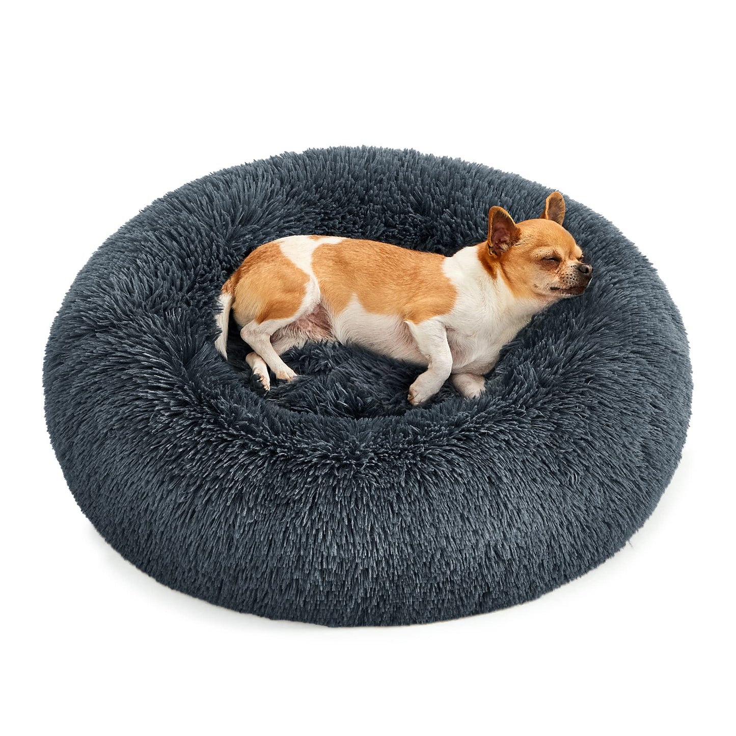 Feandrea Fluffy Dog Bed, Cat Bed, Doughnut Cushion, Washable, Removable Padding in The Centre, Long Plush, 60 cm Diameter, Dark Grey PGW038G02