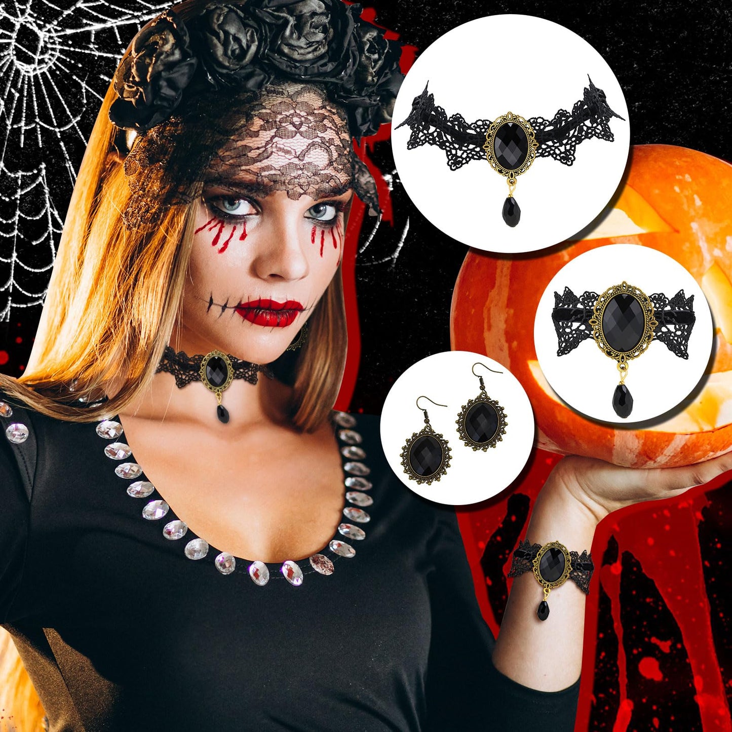 Gothic Choker Necklace Halloween Jewelry Set for Women, Red/Black Choker Goth Lace Witch Costume Jewelry, Witchy Vampire Masquerade Steampunk Victorian Lolita Renaissance Costume Accessories for Woman