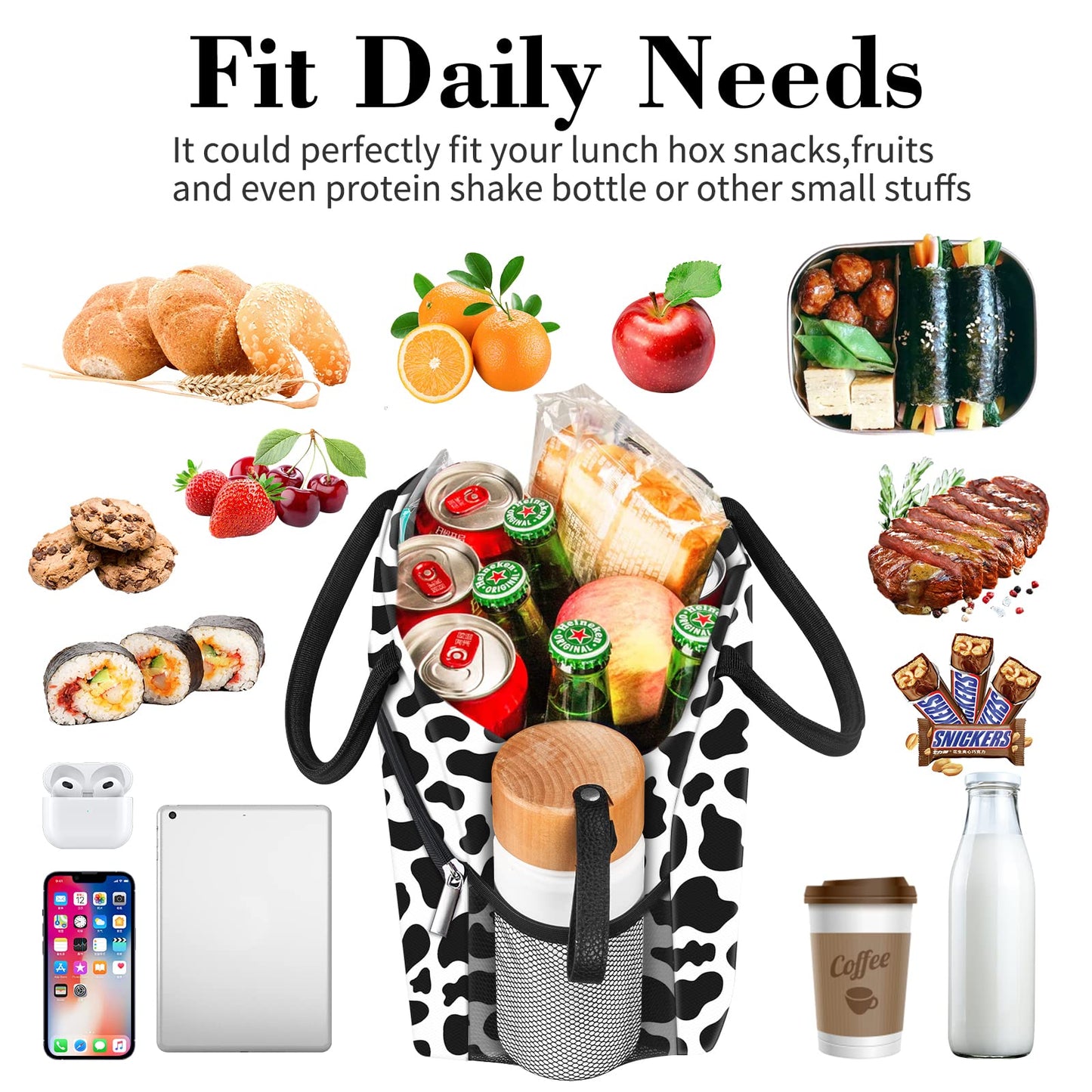 Coobiiya Lunch Bag Women, Lunch Box for Women Adult Men, Small Leakproof Cute Lunch Tote Large Capacity Reusable Insulated Cooler Lunch Container for Work/Office/Picnic/Travel-Cow