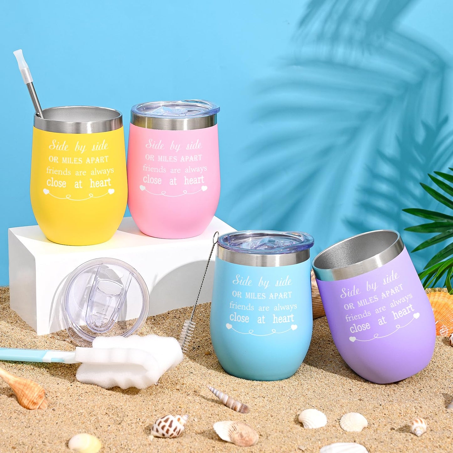 GINGPROUS 4 Pack Friend Wine Tumbler Set for Girls Trip Friendship Girls Weekend Long Distance Frineds, 12 Oz Stainless Steel Wine Tumbler with Lid and Straw, Mix Color