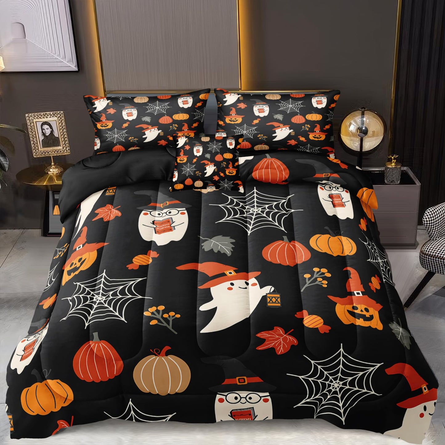 Cute Halloween King Comforters Cartoon Ghost Bedding Set Funny Halloween Bat Home Decor Cute Pumpkin Down Comforter Castle Quilt Set 4 Pcs Ultra Soft Microfiber for Kids Adults