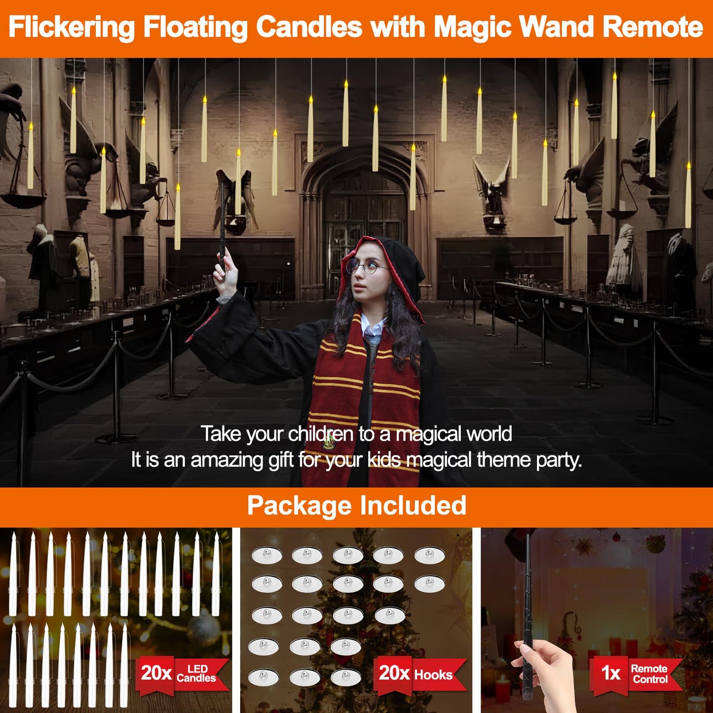 20 Pack Halloween Decorations Floating Candles with Wand,Magic Flameless Candles Flickering Warm Light LED Taper Candles Hanging for Harry Potter Christmas Witch Wizard Wedding Birthday Party Décor