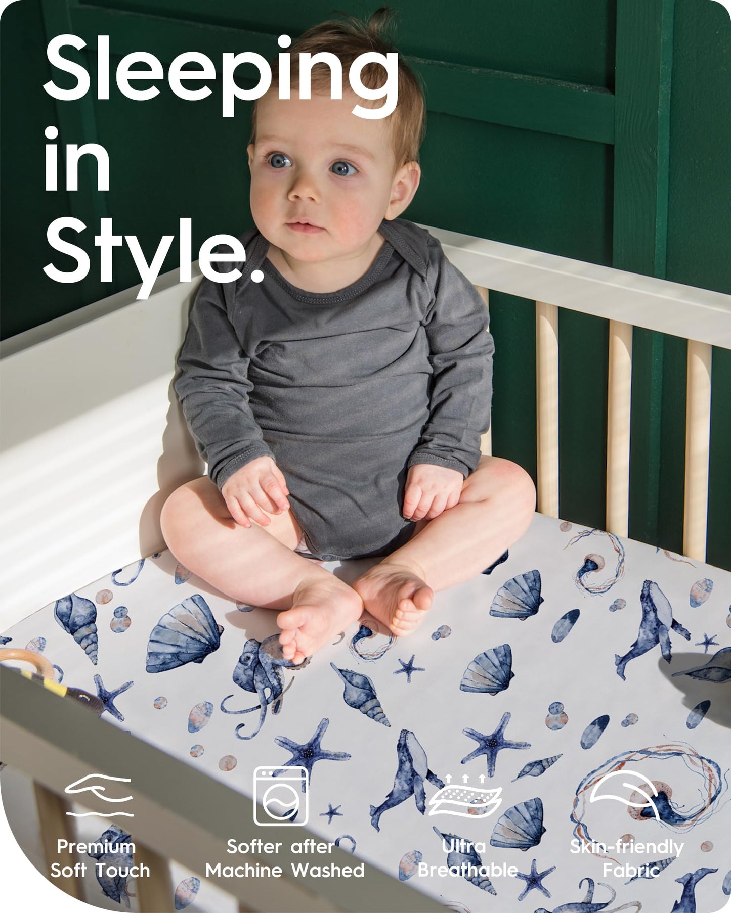 Graco Pack and Play Fitted Sheets - 2 Pack Mini Crib Sheets, Hypoallergenic and Soothing, Premium Jersey Fabric, Safari Sea Animals Pattern