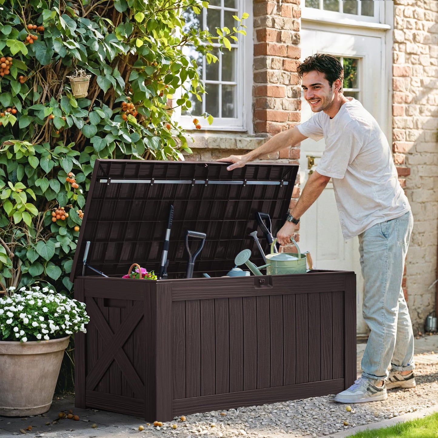 Greesum 120 Gallon Deck Box, Resin Outdoor Storage Container for Patio Furniture, Garden Tools, Pool Accessories, Weatherproof, Lockable, Brown