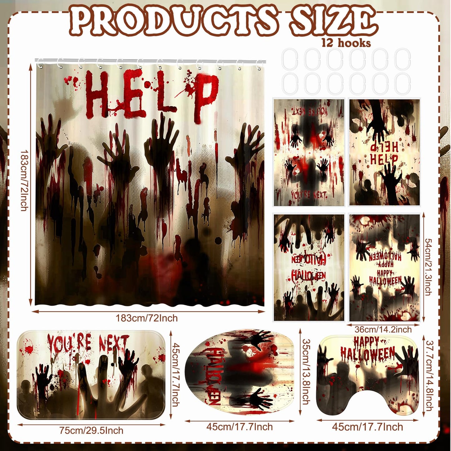 FuWeave 8 Pcs Halloween Help Me Shower Curtain Set for Bathroom Include Scary Ghost Shadow Bloody Hands Shower Curtain Towels Non Slip Rugs Toilet Lid Cover Bath Mat and 12 Hooks for Bathroom Decor