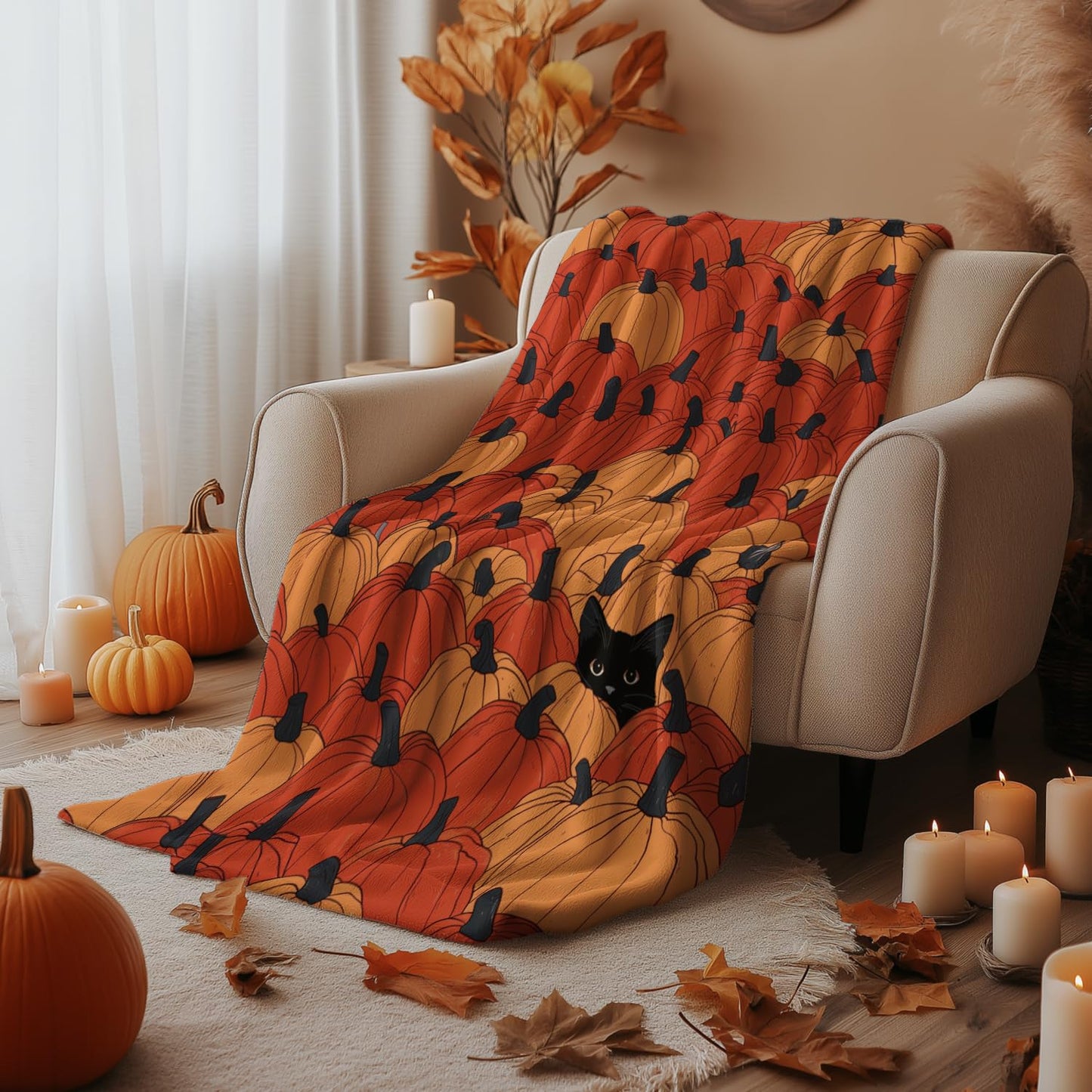 Horaldaily Fall Flannel Blanket Throw, Orange Pumpkin Cat Soft Fuzzy Plush Cozy Fleece Blankets for Couch Sofa Bed Lounging, Ideal Gifts for Kids Adults Wife Self, 50x60