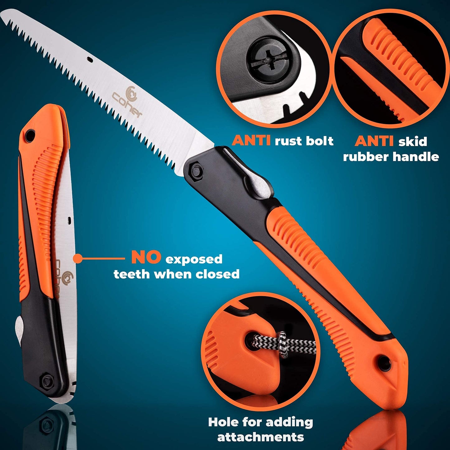 coher Folding Hand Saw for Tree Pruning, Camping, Gardening, Hunting. Cutting Wood, PVC, Bone with Ergonomic Handle Design