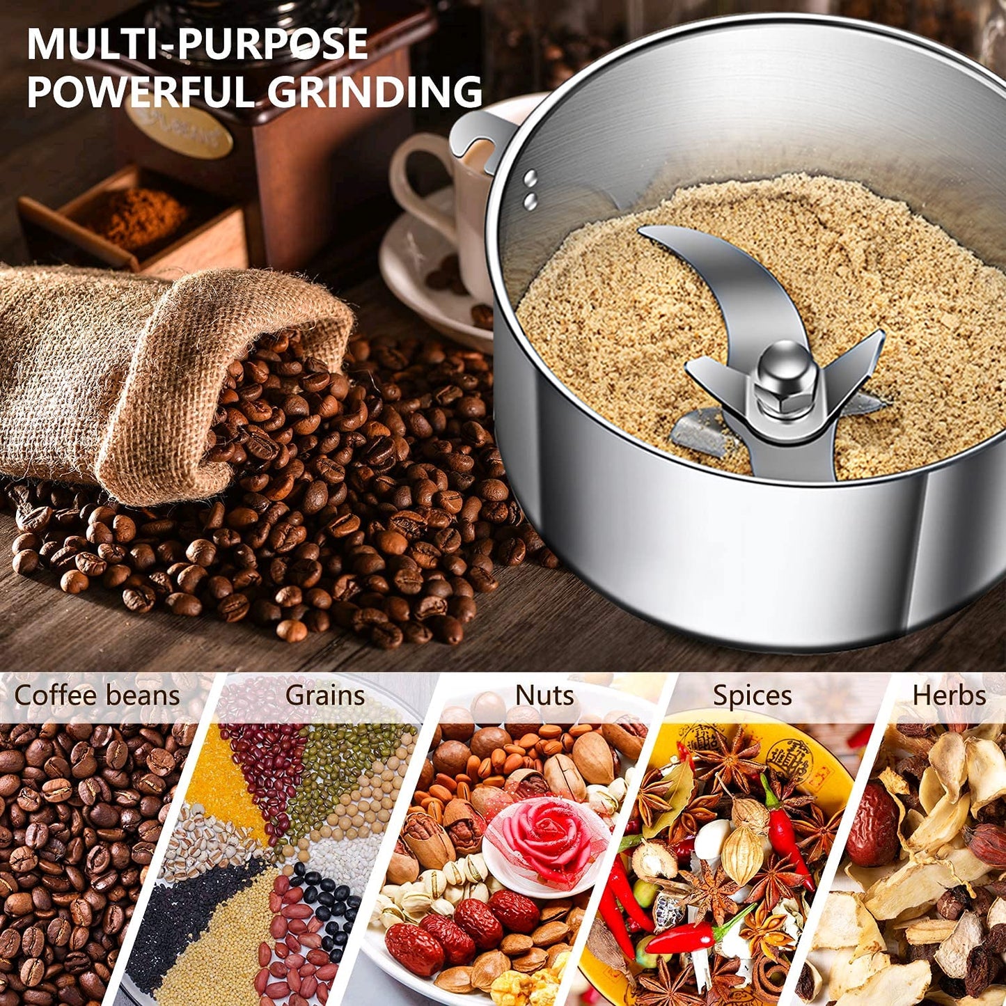 Grain Mill 150g High Speed Food Electric Stainless Steel Grinder Mill Seeds Flour Nut Pill Wheat Corn Herbs Spices & Seasonings Grinder Dry Grain Powder Machine