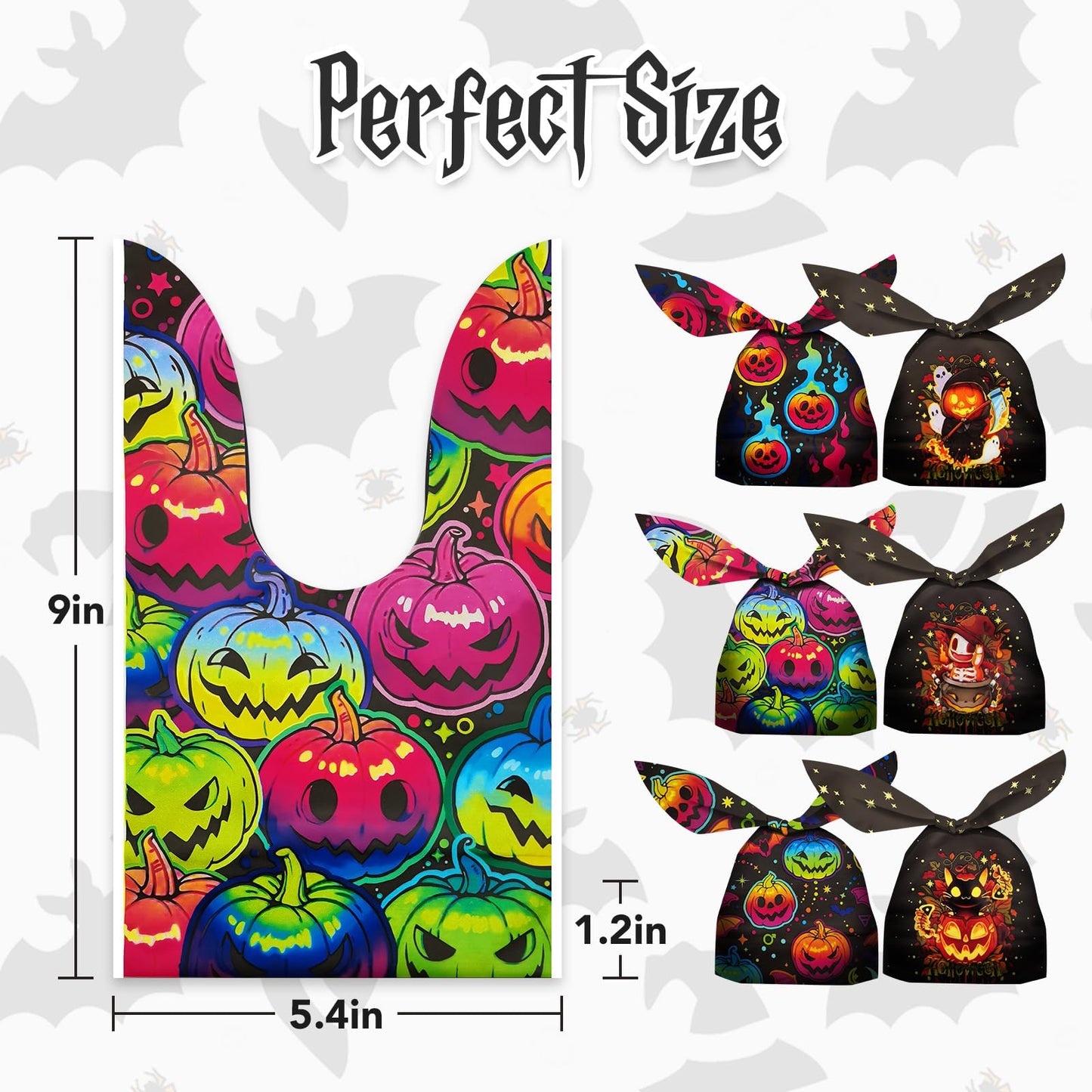 Halloween Treat Candy Bags 100pcs, Kids Small Halloween Goodie Bags Bulk, Plastic Halloween Bags for Trick or Treat, Party Favor, Popcorn, Snack and Cookie with Pumpkin, Ghost,Cat Elements