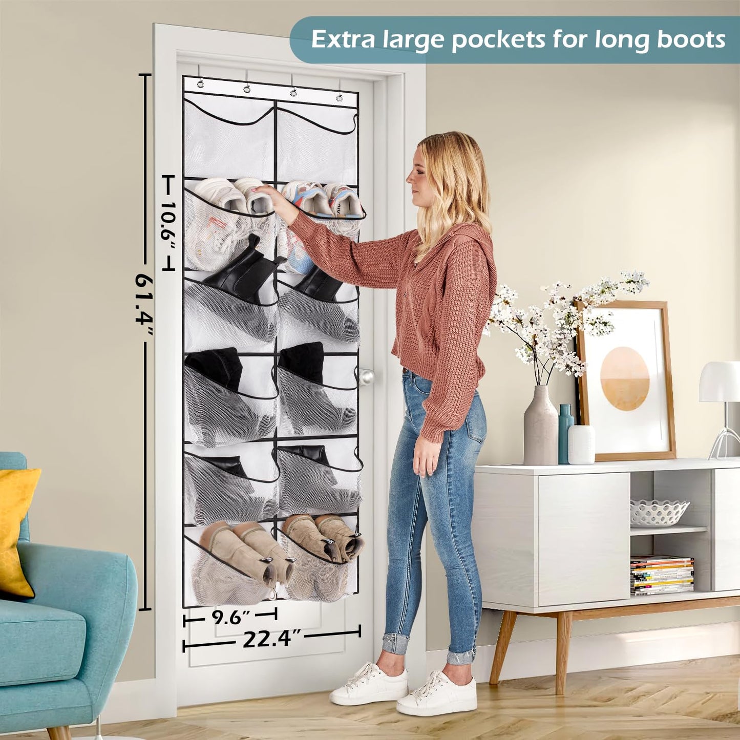 KIMBORA Over The Door Shoe Organizer 12 Large Mesh Pockets Boots Hanging Storage Shoe Rack for Closet White
