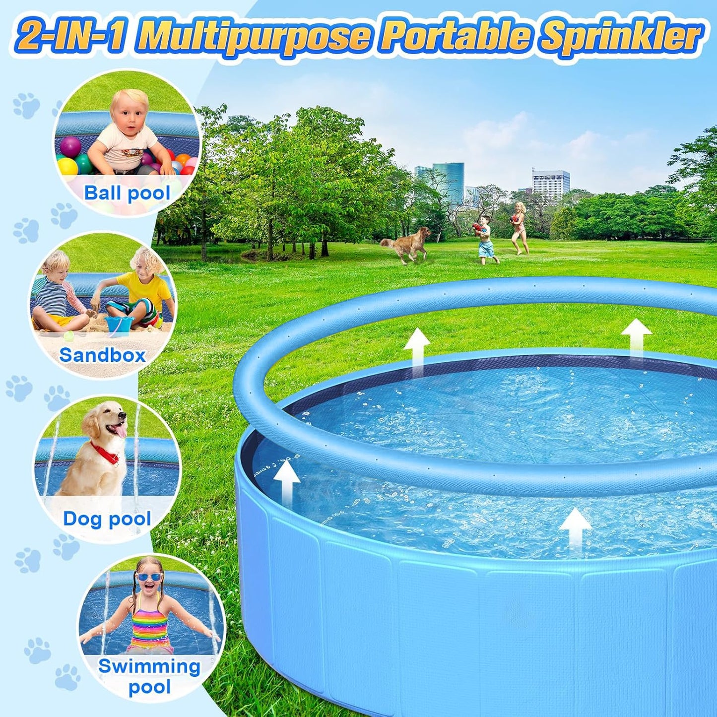 97In Extra Large Anti-Slip Dog Pool with Sprinkler, Sturdy 2-in-1 Foldable Hard Plastic Kiddie/Kids Swimming Pool, Summer Swimming Bath Tub for Kids/Large Dogs/Pets