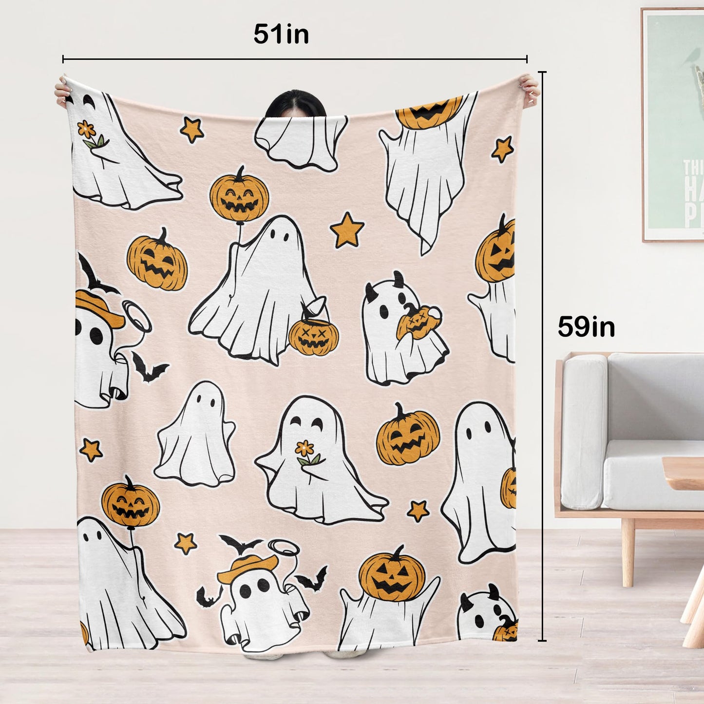 Glawry Halloween Throw Blanket for Bed,51x59 Inch, Cute Funny Ghost Pumpkin Lantern Spooky Lovely Holiday Cartoon Kawaii for Kids Boys Girls Nursery Soft Cozy Flannel Blankets for Sofa Couch Chair