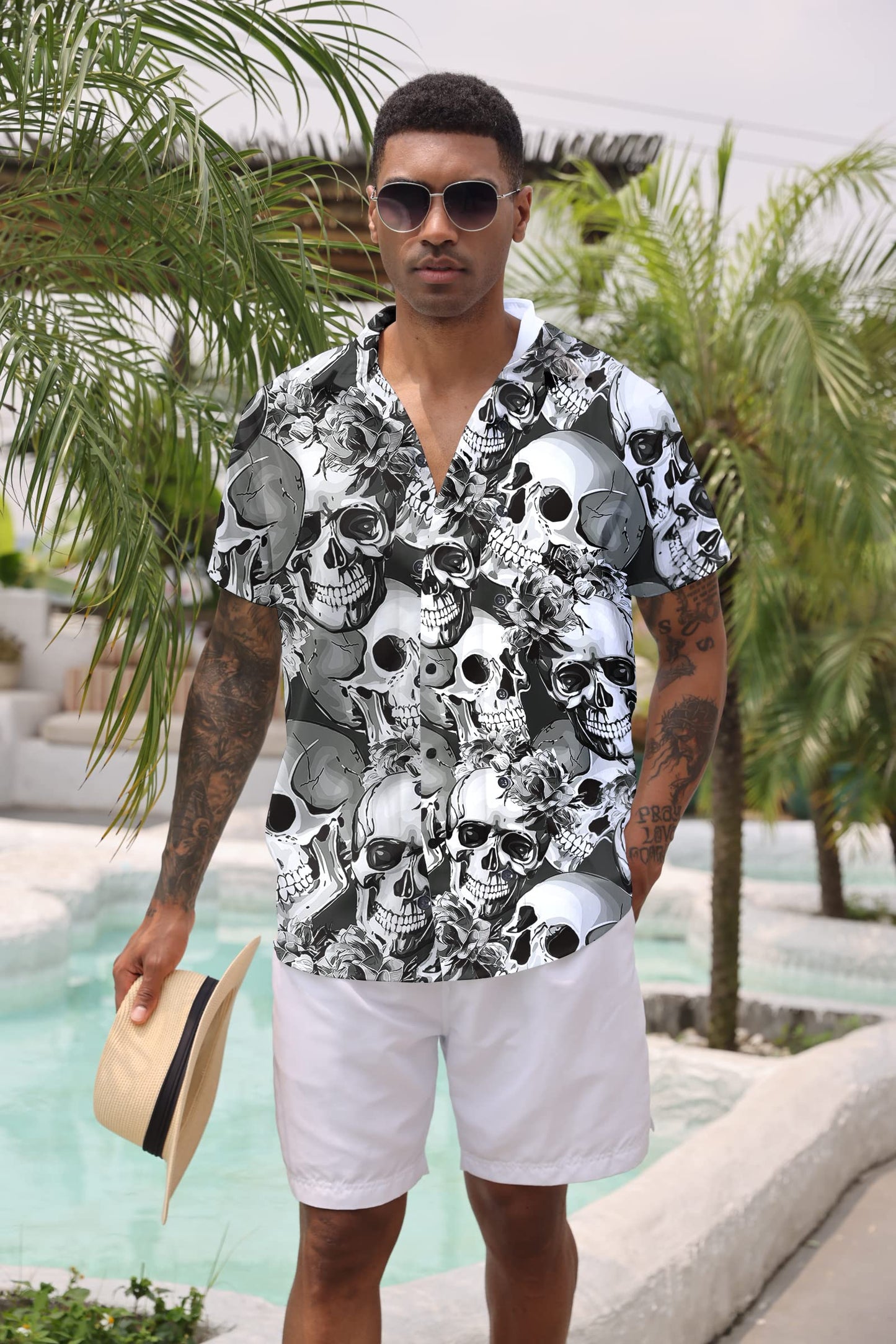 Goodstoworld Hawaiian Mens Skull Shirts 3D Halloween Horror Short Sleeve Print Teen Boys Aloha Button Down Dress Shirt Polo Party Gift Tops Black Grey