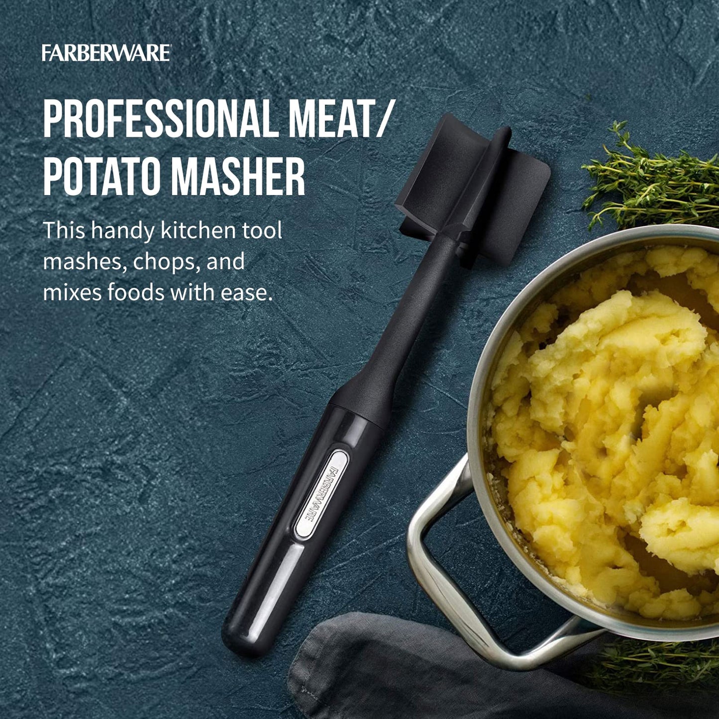 FARBERWARE Nylon Meat & Potato Masher, Heat-Resistant and Safe for Non-Stick Cookware, Durable 10-Inch Kitchen Tool with Ergonomic Handle, Black