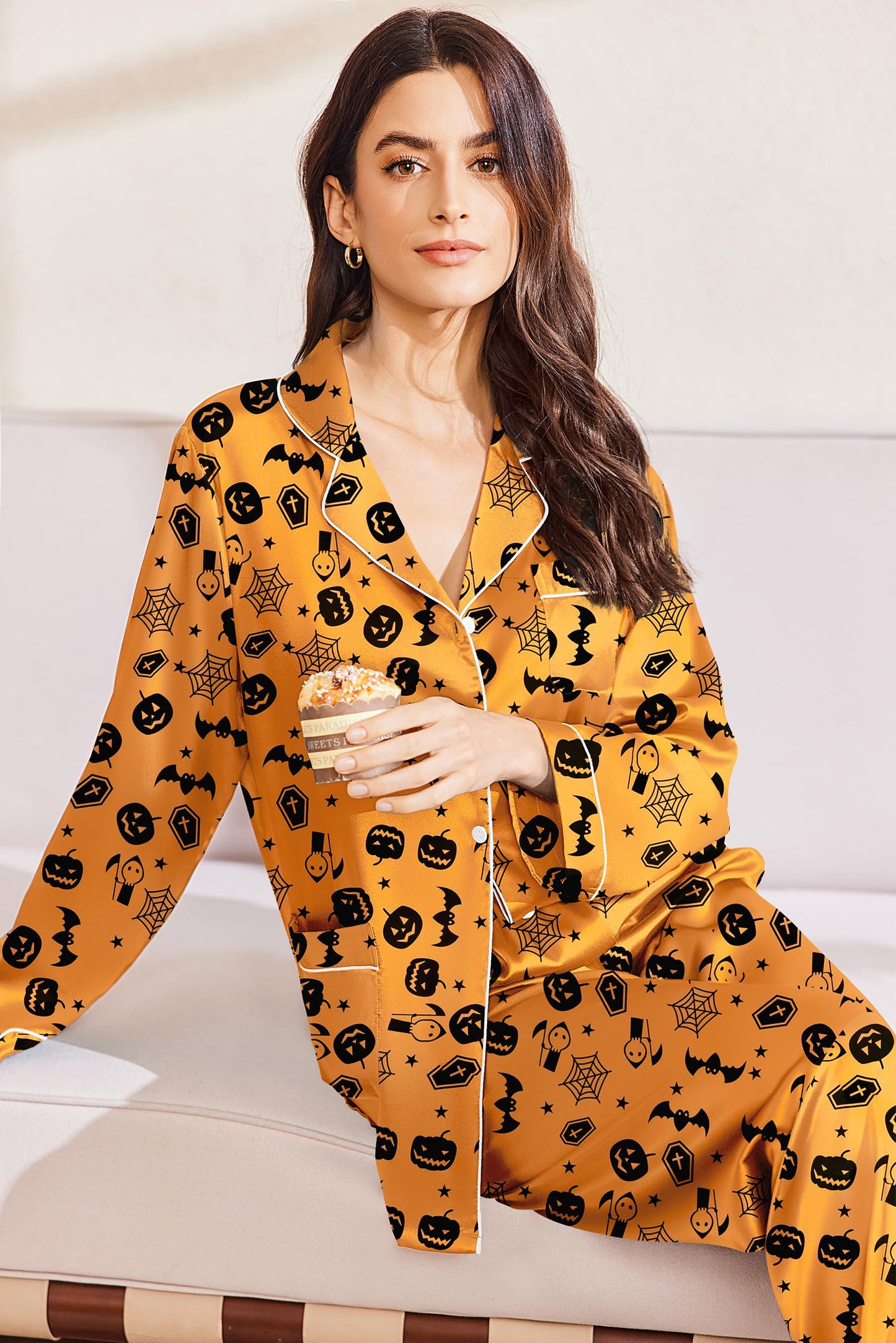 Ekouaer Silk Pajamas for Women Classic Button Down Satin Pajama Sets Long Sleeve Lounge Set