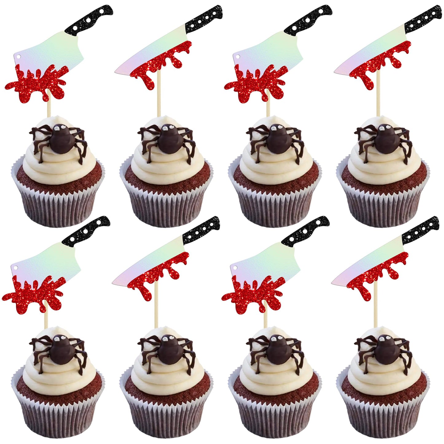 Gyufise 24Pcs Halloween Cupcake Toppers Glitter Horror Blood Knife Cupcake Picks Killer Birthday Cake Decorations for Halloween Blood Knife Theme Birthday Party Supplies