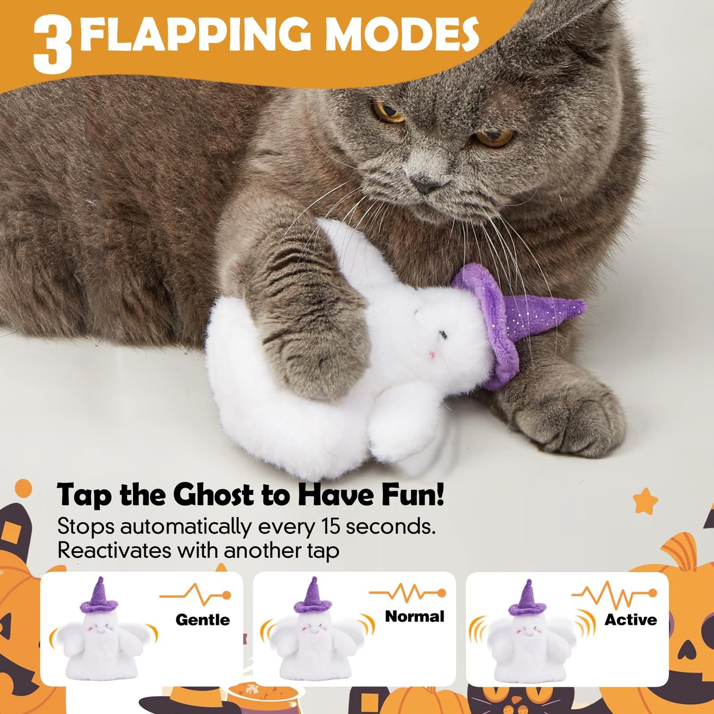Kimee Halloween Catnip Toys, Flapping Ghost Catnip Toy, Interactive Kitten Exercise Toys for All Cat Breeds Play Alone, Never Boredom