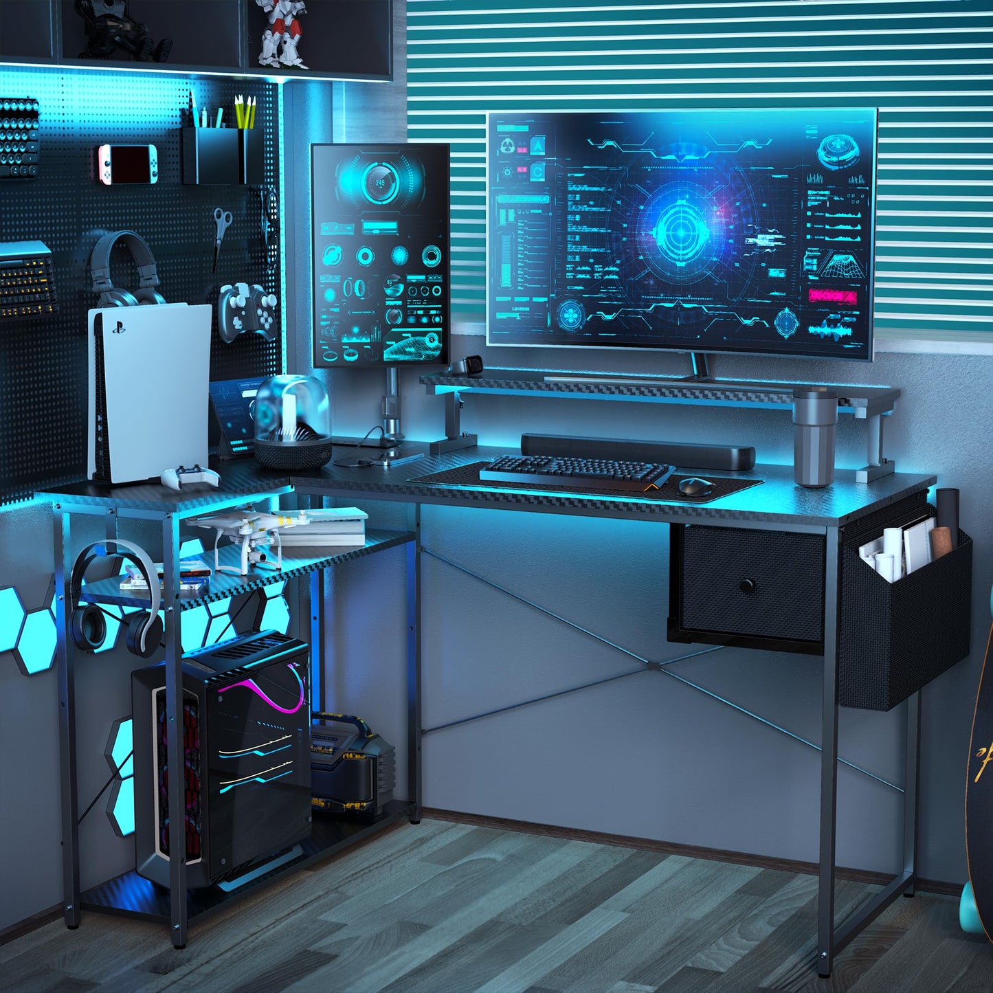 DOMICON Gaming Desk, 47 inch L Shaped Gaming Desk, Computer Desk with LED Lights & Adjustable Stand, Power Outlets, Storage Drawer, Reversible with Shelves, Hook, Black Carbon Fiber