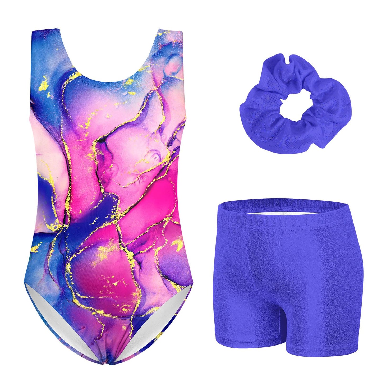 Kid Gymnastics Leotards Size 4 Little Girls Blue Pink Marble Gym Biketards with Matching Scrunchie for 4t 5t Child Drift Tie-dyed 3PCS 3d Print Elastic Sparkle Tumbling Sport Unitards,Size 4 5