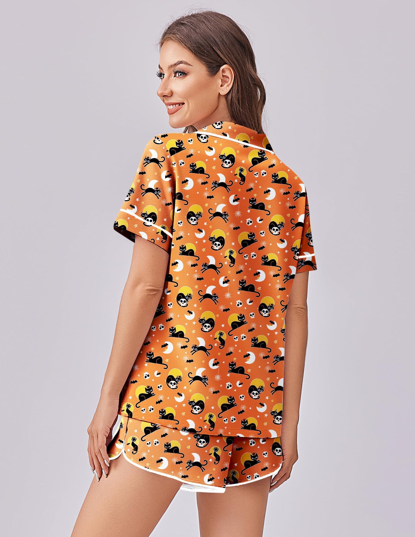 Ekouaer Womens Silk Satin Pajama Set Print Short Sleeve Sleepwear Button Down Pjs Shorts Set Loungewear Halloween Kitty L