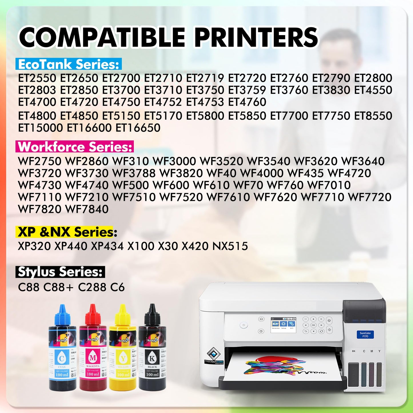 Koala Sublimation Ink Refill Bottle Compatible with ET-2720 ET-2760 ET-2800 ET-2803 ET-2850 ET-3760 WF-7710 WF-7720 C68 C88 for Heat Transfer on Mugs, Polyester Shirts, Mat, etc