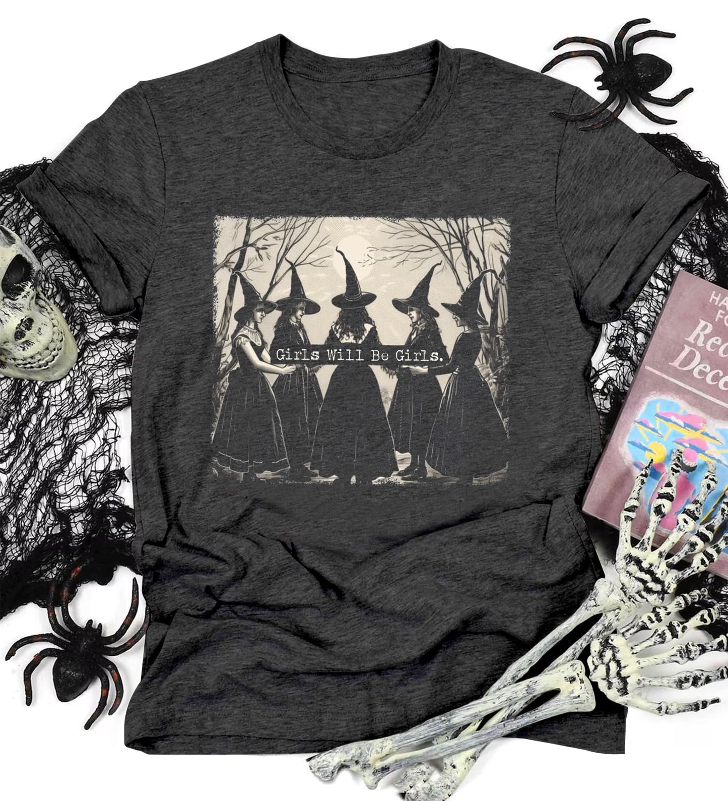Halloween Shirts for Women Girls Will Be Girls Halloween Shirts Vintage Witch Shirt Casual Funny Halloween Party Shirt (L, Girls-Dark Grey)