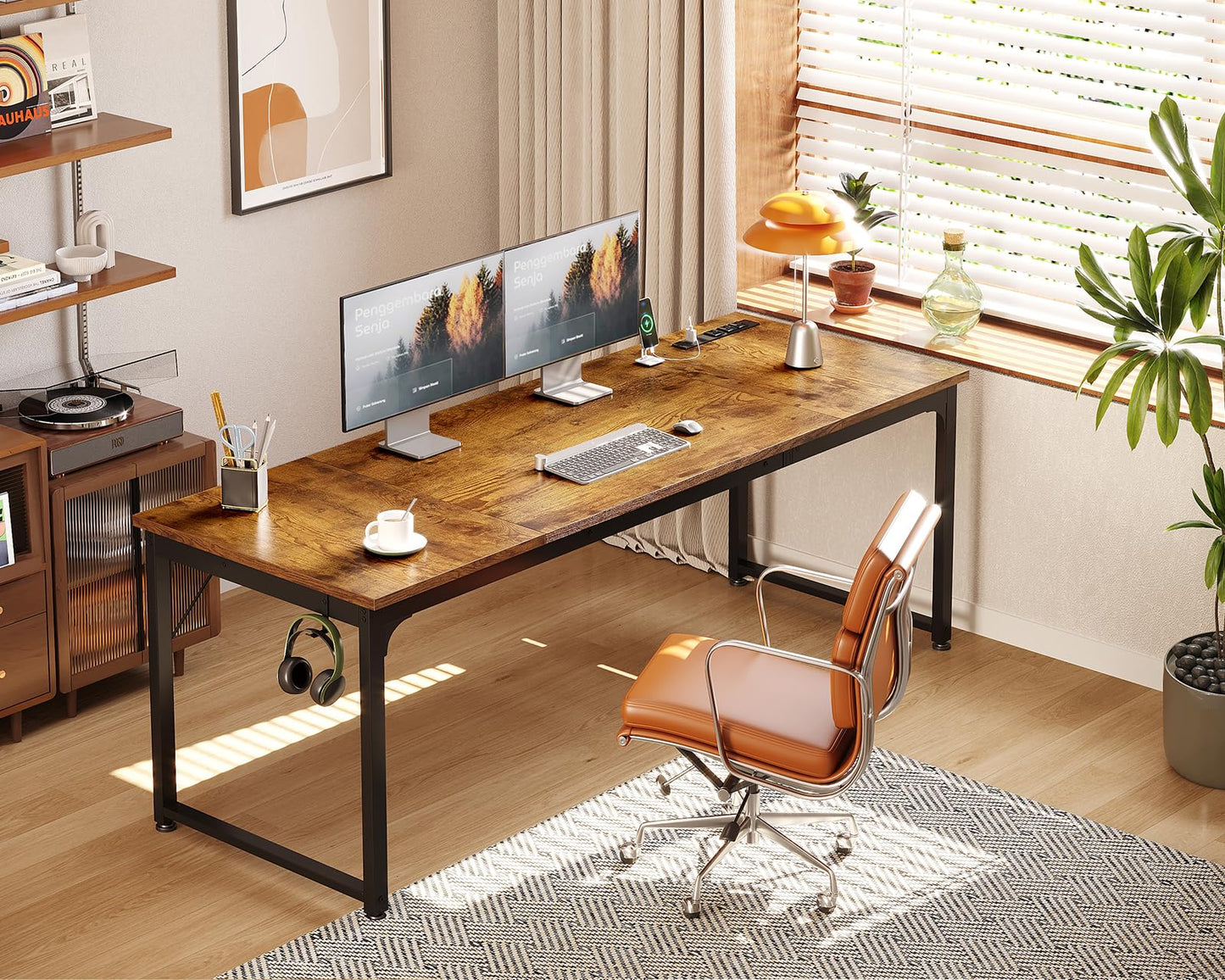 Coleshome 71 Inch Computer Desk with USB Ports, Large Office Desk, Long Study Student Writing Desk, Rustic Brown