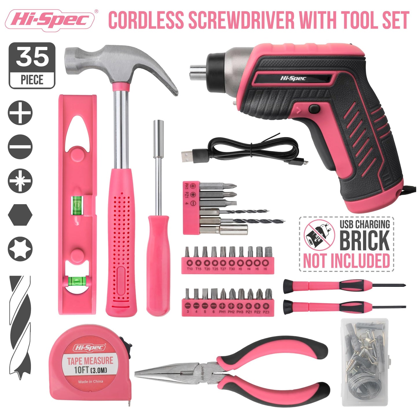 Hi-Spec 35pc Pink Tool Kit with 3.6V USB Electric Screwdriver and Drill Set. Complete Women Tool Set