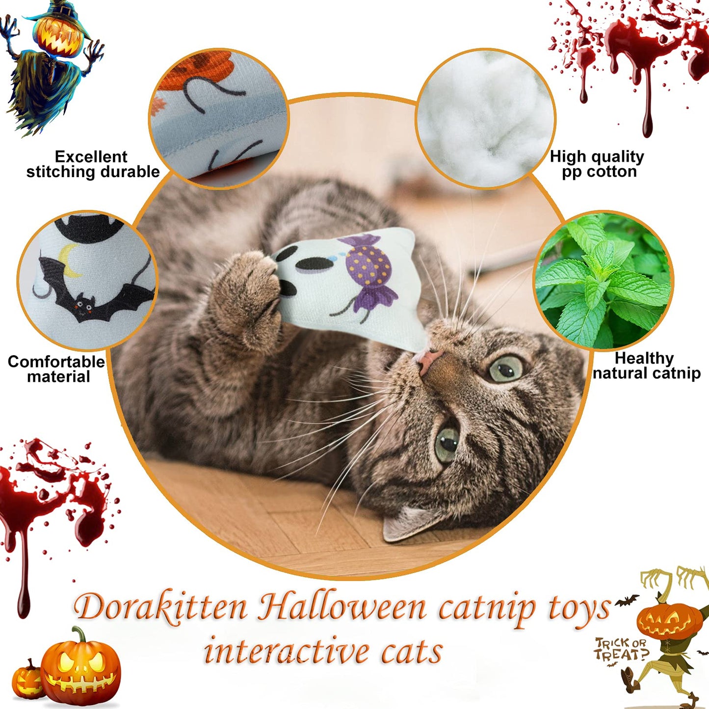 Dorakitten Catnip Toys Interactive Cat 5PCS Cats Chew Plush Ghost Toys & Pet Stuffed Nip Pillow & Kitten Best Kicker Toy Cute and Soft Teething Supplies for Moving Kitty Indoor
